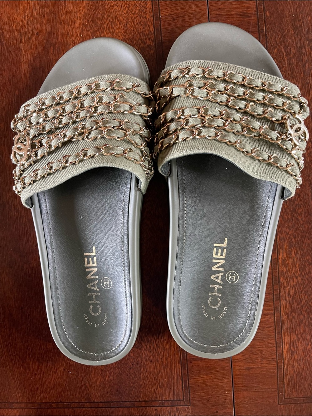 CHANEL Olive Green Chain-Trim Slide Sandals